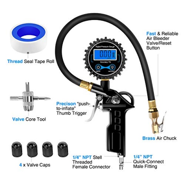 Nilight 50026R Digital Tire Inflator Pressure Gauge,250 PSI Air Chuck - Image 4