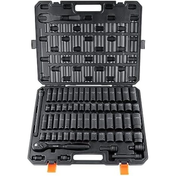 VEVOR 1/2" Drive Impact Socket Set, 65 Piece SAE 3/8" to 1-1/4" and Metric