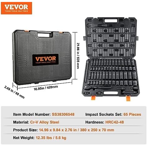 VEVOR 1/2" Drive Impact Socket Set, 65 Piece SAE 3/8" to 1-1/4" and Metric - Image 7