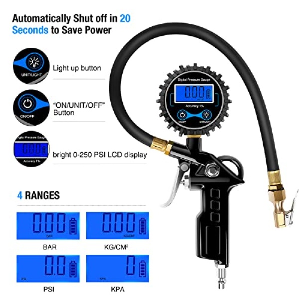 Nilight 50026R Digital Tire Inflator Pressure Gauge,250 PSI Air Chuck - Image 3