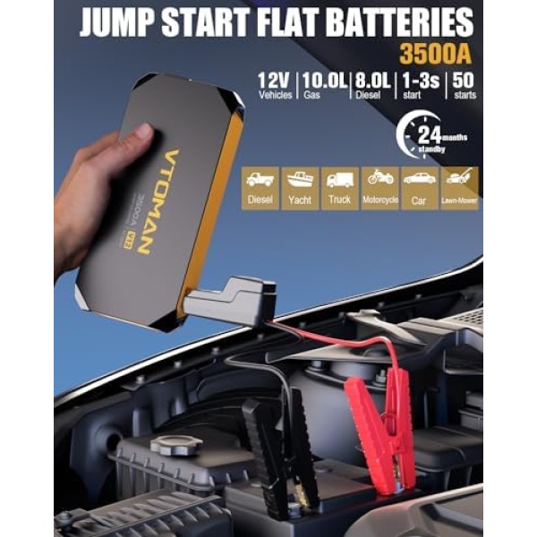 VTOMAN V12 Jump Starter, 3500A(Up to 10L Gas/8L Diesel Engines) USB QC3.0 - Image 2