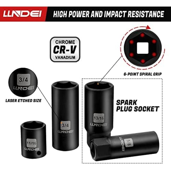 LLNDEI 3/8”Drive Impact Socket Set,Standard SAE(5/16 to 3/4-Inch) Metric - Image 6