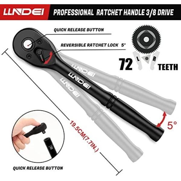 LLNDEI 3/8”Drive Impact Socket Set,Standard SAE(5/16 to 3/4-Inch) Metric - Image 5
