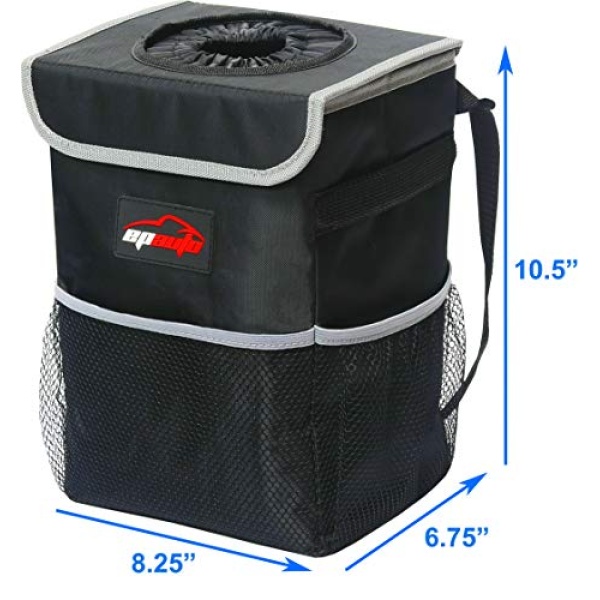 EPAuto Waterproof Car Trash Can with Lid and Storage Pockets, Black - Image 6