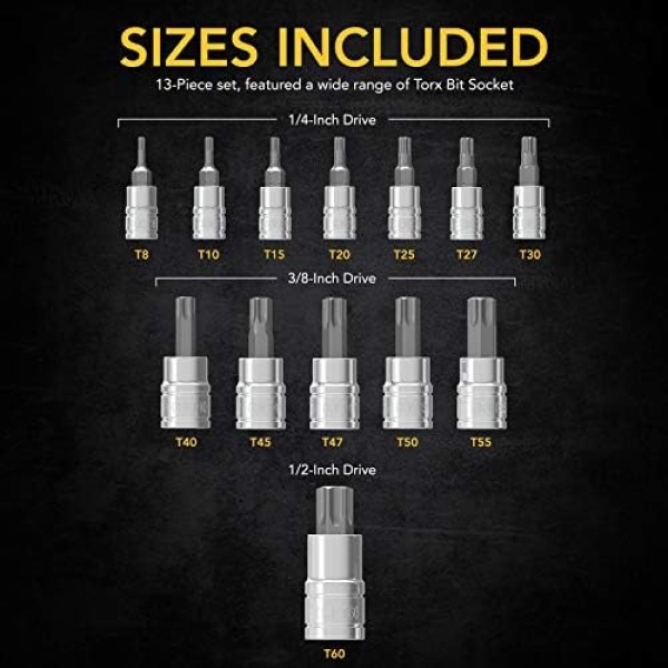 LEXIVON Torx Bit Socket Set, Premium S2 Alloy Steel | 13-Piece Star T8 - T60 Set - Image 6