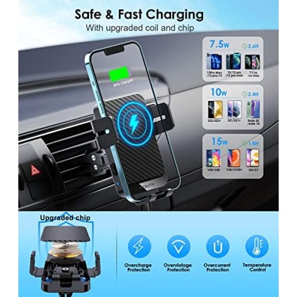 Wireless Car Charger, MOKPR 15W Fast Charging Auto-Clamping Car Phone Holder - Image 2