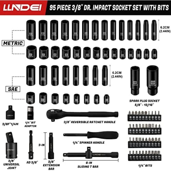 LLNDEI 3/8”Drive Impact Socket Set,Standard SAE(5/16 to 3/4-Inch) Metric - Image 2