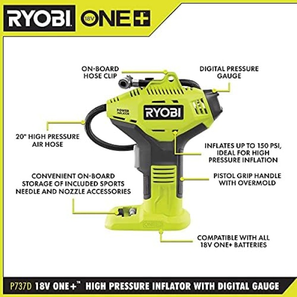 P737 18V ONE+ Portable Cordless Power Inflator for Tires, Battery Not Included - Image 3