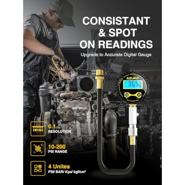 AZUNO Compression Tester Automotive, Digital Compression Gauge 200 PSI - Image 2